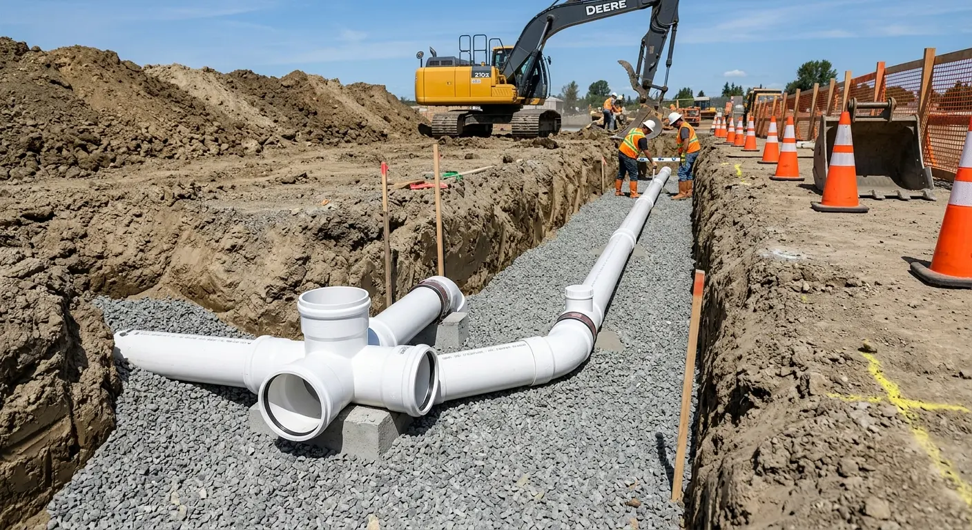 New PVC sewer pipe installation in open trench for Grease Trap Cleaning in Hopkinsville